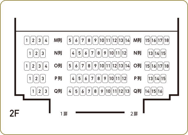 7Fの座席表。1列18席前後でM列～Q列まである。